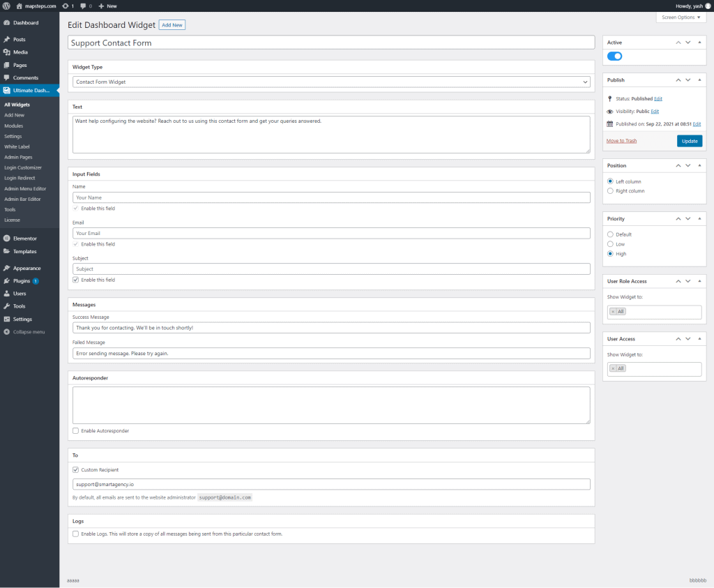 Contact form widget setup Ultimate Dashboard