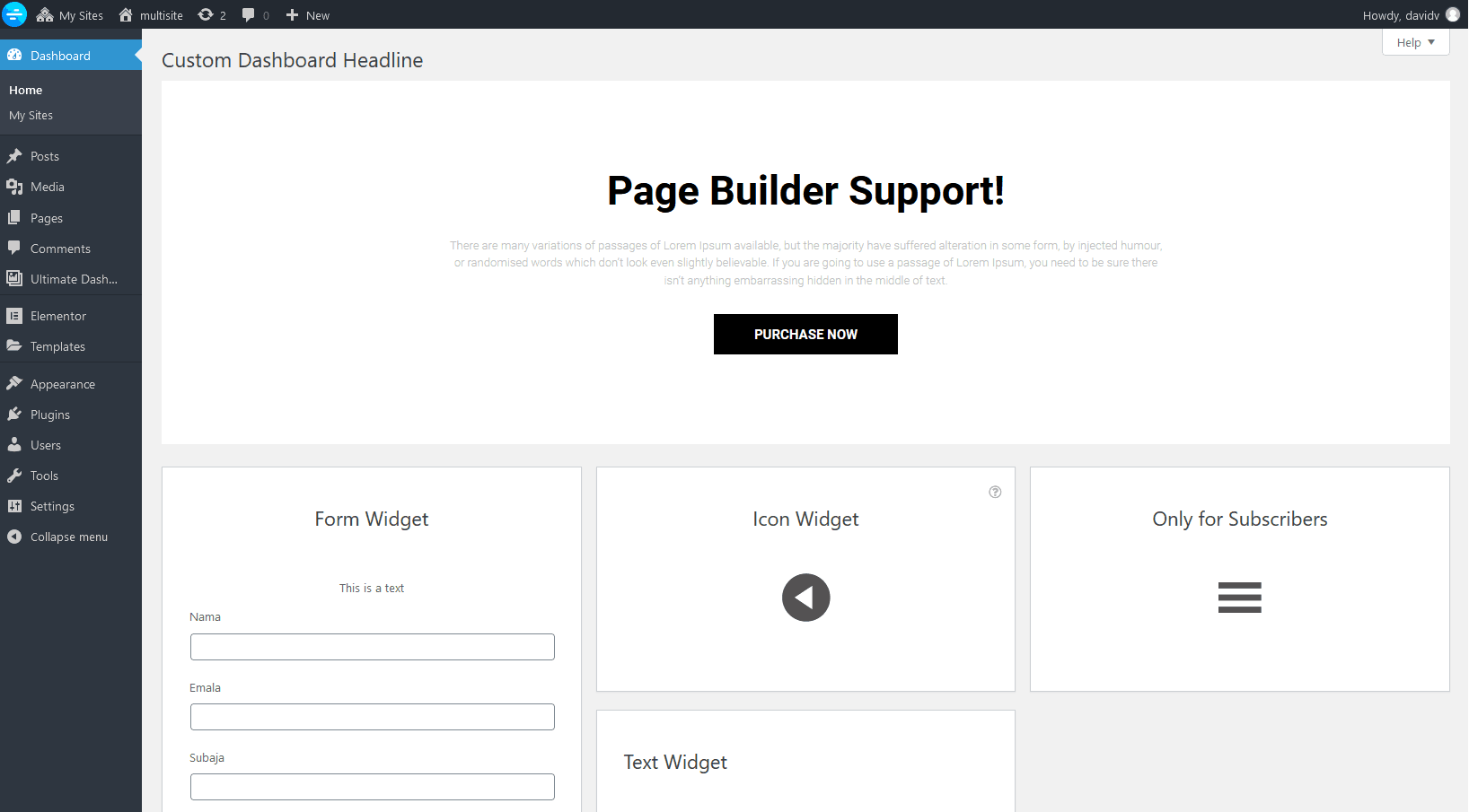 page builder dashboard